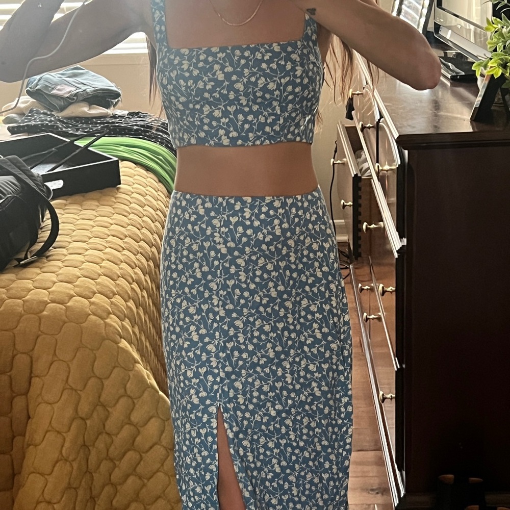 Reformation Blue Floral Midi Skirt